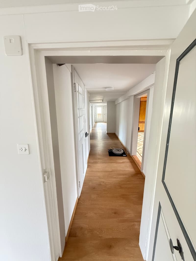 A long, narrow hallway with light wooden flooring and white walls. Doors line both sides, and a small black mat with coiled cables is placed near the end of the hallway.