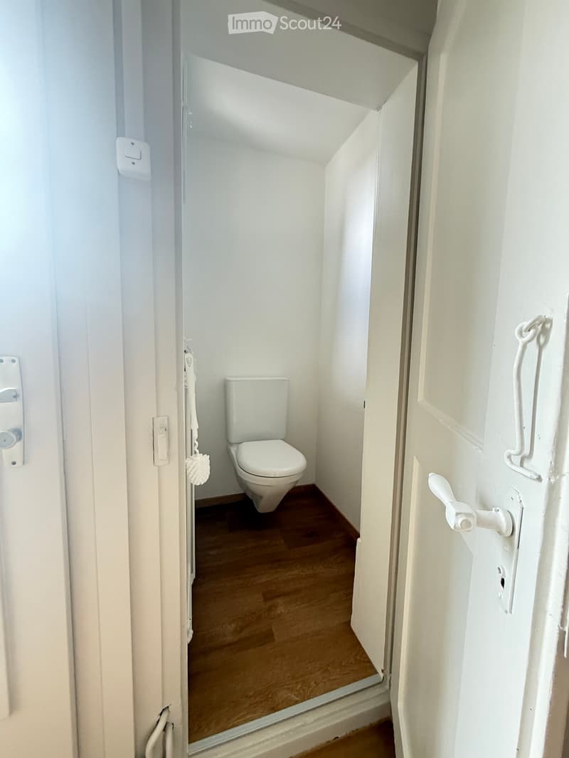 Small bathroom with white walls, wooden floor, and a toilet. The door is open, revealing the interior.