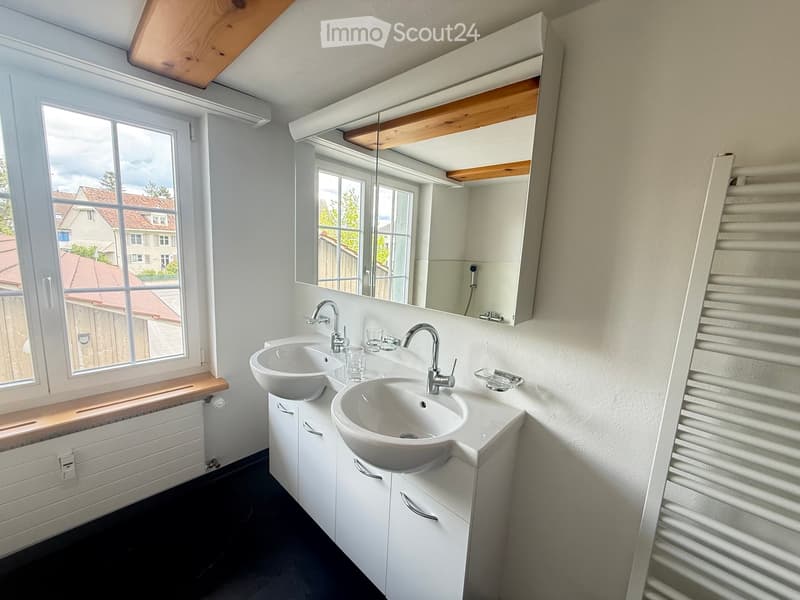 Modern bathroom with double sinks, large mirror, built-in cabinet, and radiator. Windows offer a view of the neighborhood.