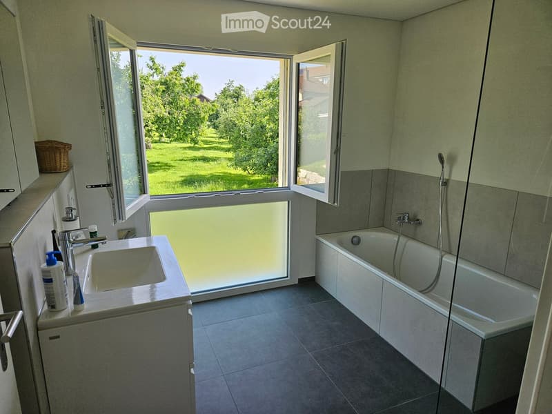 Modern bathroom with a white sink, bathtub, and large windows overlooking a green lawn.