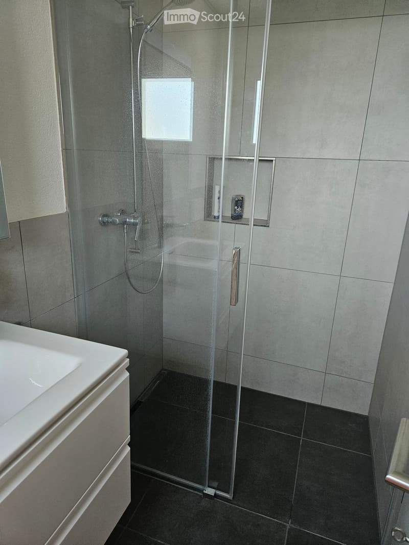 Modern bathroom with a white bathtub, glass-enclosed shower, and grey tiled walls and floor.