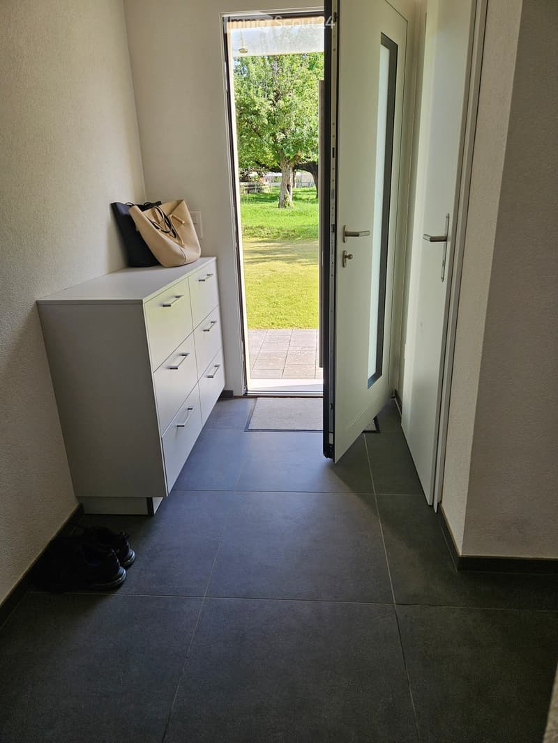 Hallway with dark tiled floor, white walls, open door leading to a green outdoor area, small storage unit with bags, and shoes on the floor.