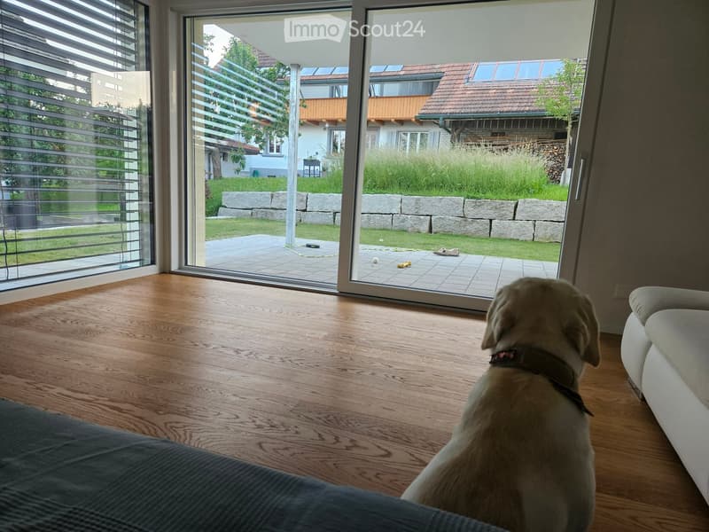 Living room with wooden floor, large sliding glass door opening to a garden, sofa visible.