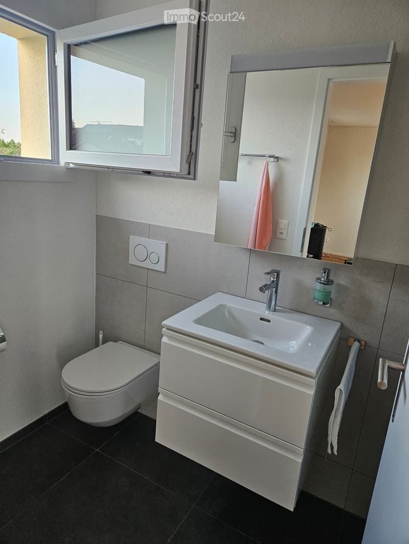 Modern bathroom with a white sink, chrome faucet, toilet, large mirror, and towel hanging on the side.