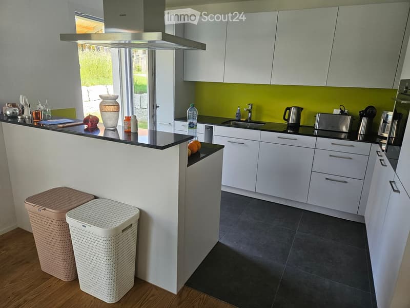 Modern kitchen with white cabinets, black countertops, stainless steel appliances, and a green backsplash. Features a sink, toaster, coffee maker, and decorative vase on the counter.