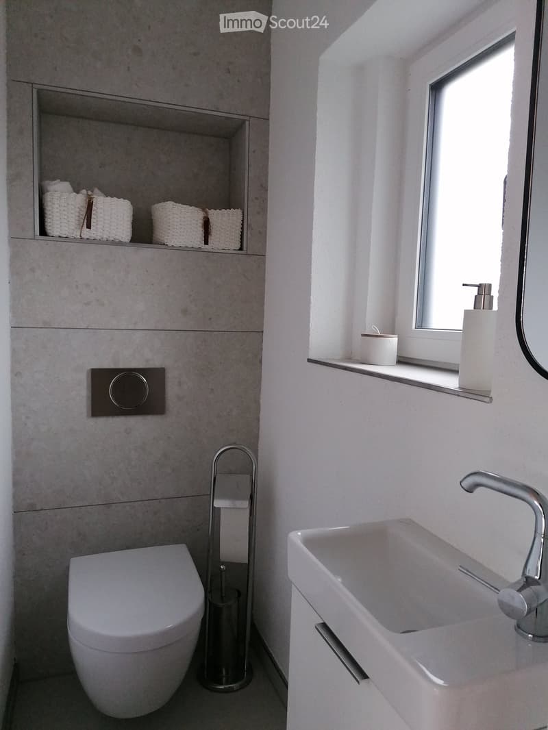 white toilet, white sink, white shelves, white wall, window, soap dispenser, toilet paper holder