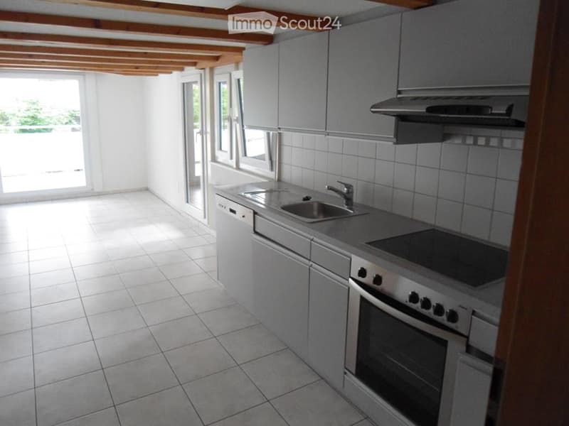Modern kitchen with grey cabinets, stainless steel appliances, and a tiled backsplash. Features a sink, oven, dishwasher, and range hood.