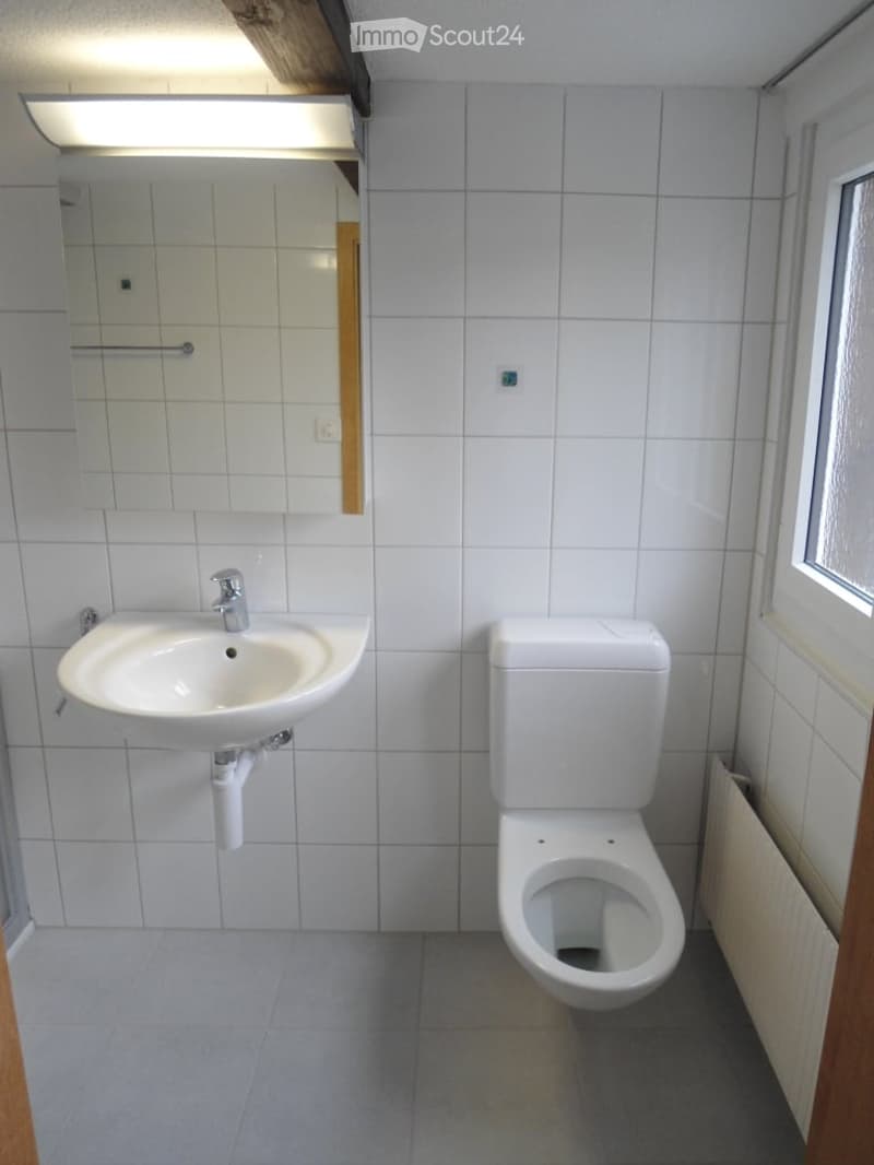 Modern bathroom with white tiles, a sink, a toilet, and a mirror above the sink. The room features a window on the right side and a wooden door frame on the left.