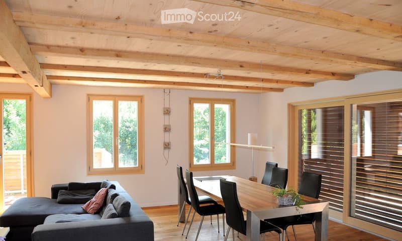 Bright living and dining area with exposed wooden beams, large windows, a grey sectional sofa, a wooden dining table with chairs, and a small potted plant.