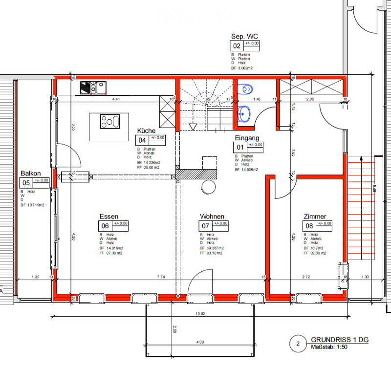 Ground floor plan showing a kitchen, living room, dining area, bedroom, entrance, and balcony.