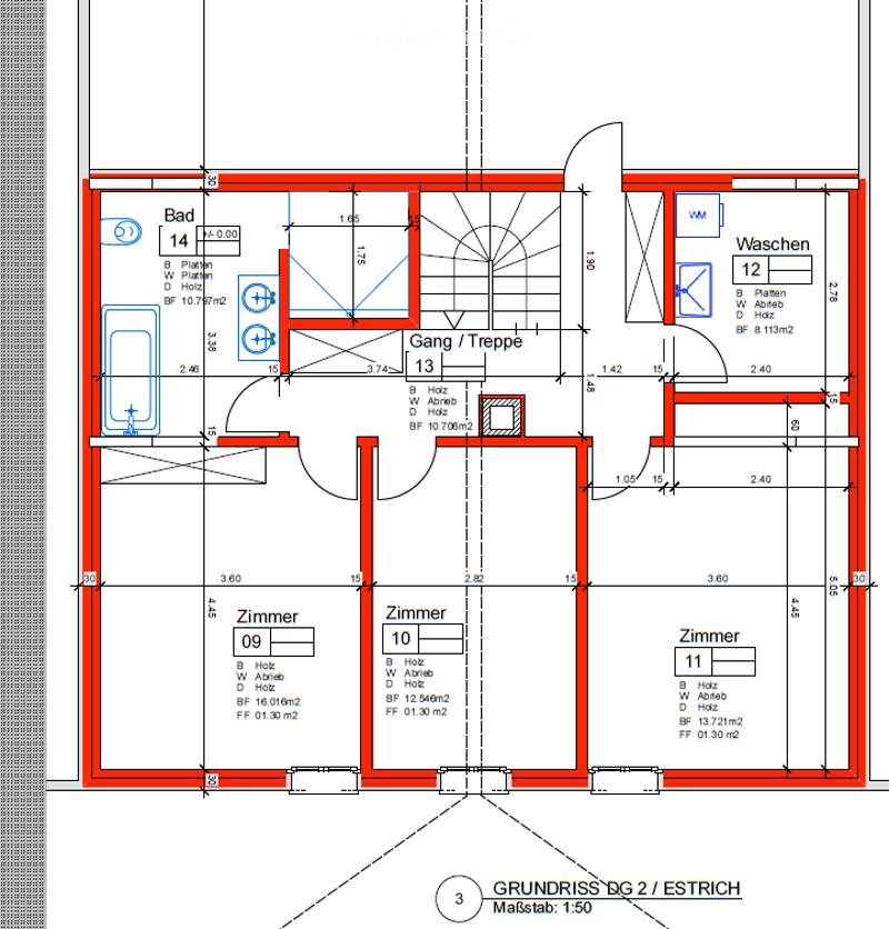 Floor plan of a second-floor residential space, including a bathroom, hallway, three bedrooms, and a washroom.
