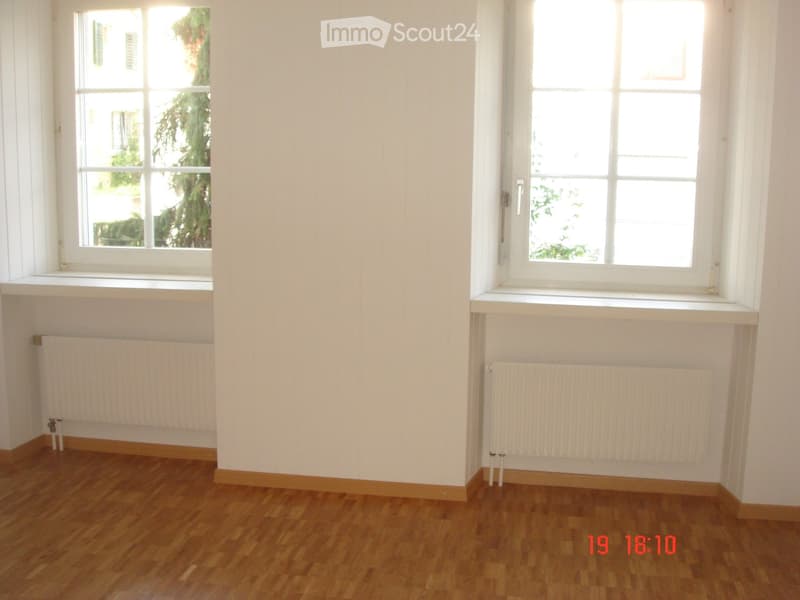 Empty room with wooden flooring, white walls, two windows with white frames, and radiators beneath each window.