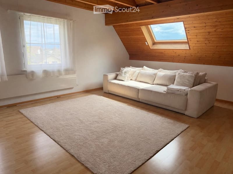 Bright living room with wooden floors, large window with view, skylight, sectional sofa with multiple pillows, and a soft area rug.