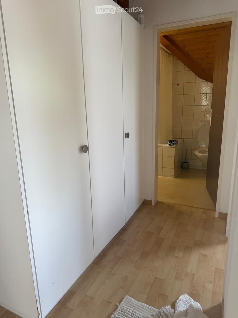 A narrow hallway with light wooden flooring, white walls, and a closed white cabinet on the left. An open doorway leads to a small bathroom with beige tiles, a toilet, and a small sink.