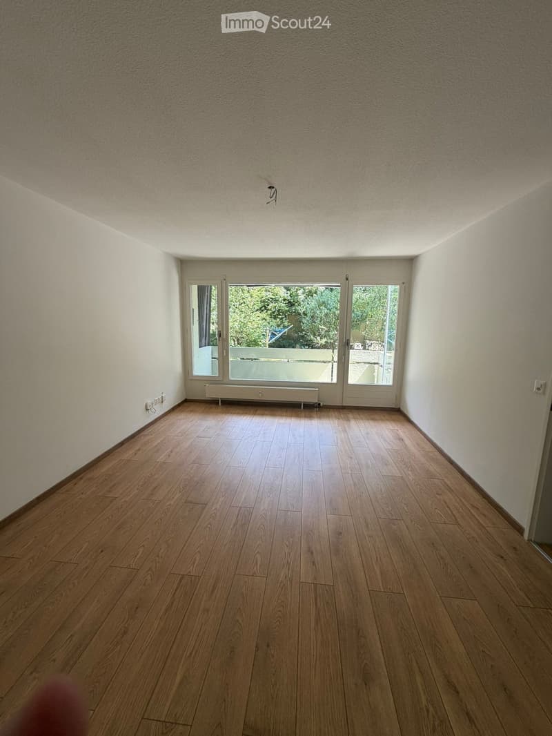 Empty room with wooden flooring, white walls, and large glass doors leading to a balcony.