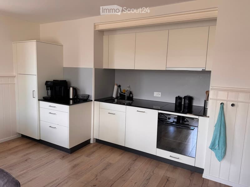 Modern kitchen with white cabinets, black countertops, and stainless steel appliances, including a coffee maker, oven, and sink.