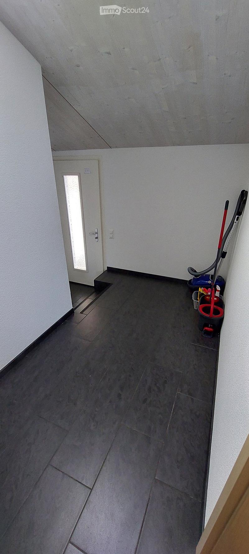 Empty hallway with dark tiled floor and white walls, featuring a door with a frosted glass panel and a small storage area with cleaning supplies.
