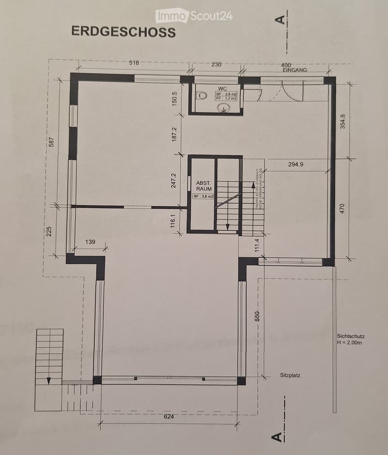 Ground floor layout showing a WC, storage room, and entrance area with dimensions labeled.