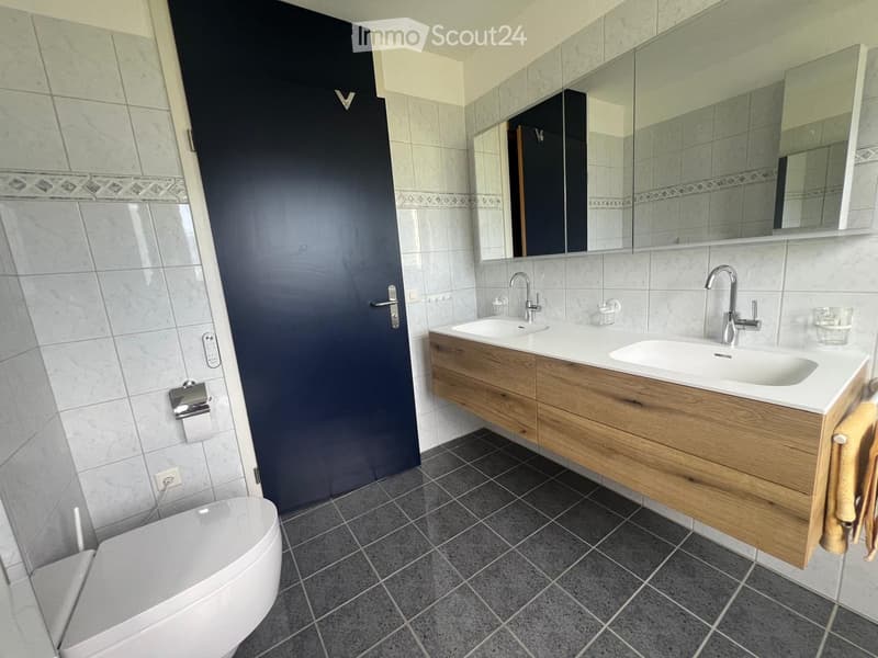 Modern bathroom with a white toilet, double sink vanity with wooden cabinets, chrome faucets, large mirror, and a dark blue door.