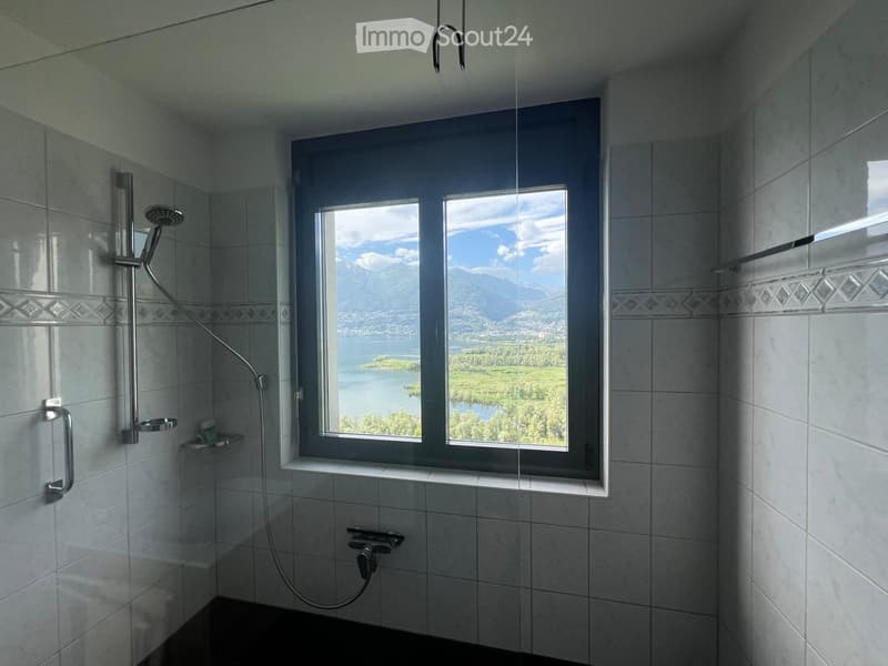 Modern shower area with large windows offering a scenic view of a lake and mountains, equipped with a handheld showerhead, a fixed showerhead, and a handrail.