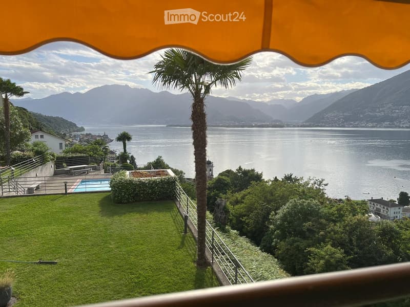 Garden with a swimming pool, palm trees, and a scenic view of a lake and mountains.