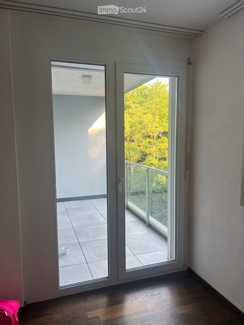 Empty hallway with wooden flooring, leading to a balcony with tiled floor and glass railing. A single white cup is placed on the tiled floor near the sliding doors.