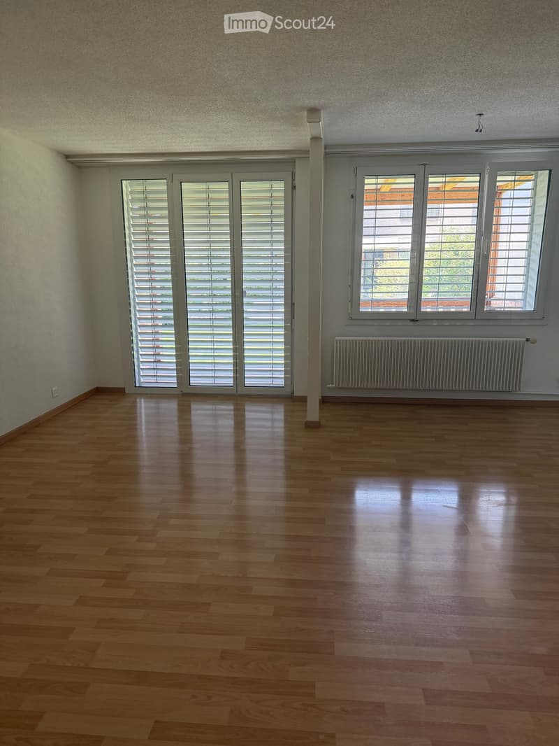 Empty room with wooden flooring, large windows with blinds, and a radiator on one wall.