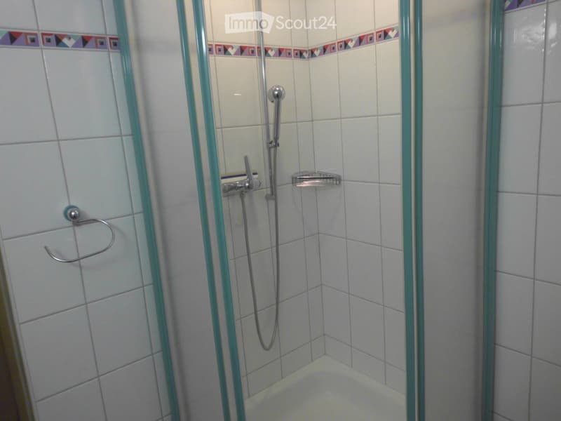 Shower stall with glass enclosure, tiled walls, and a towel ring on the left side.