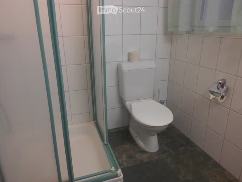 Small bathroom with white tiled walls, a toilet, a glass shower enclosure, and a toilet paper holder.