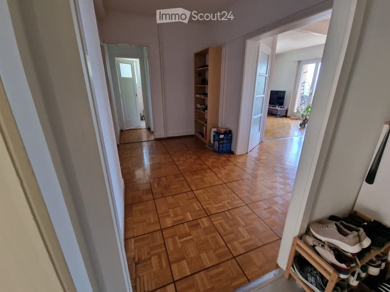 A narrow hallway with wooden flooring, leading to an open living area with a TV and a small table. A shoe rack is visible on the right side.