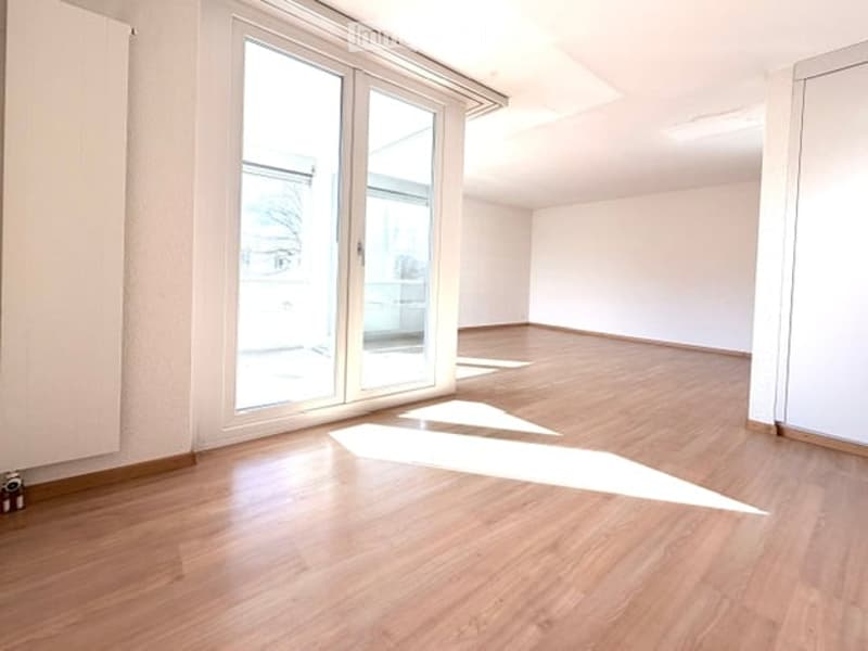 Empty room with wooden flooring, large glass sliding doors, and white walls.