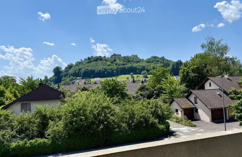 Residential houses with tiled roofs, surrounded by lush greenery and trees, with a scenic hill and small town in the background under a clear blue sky.