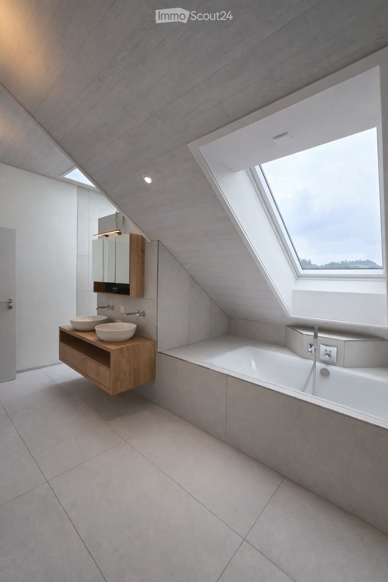 Modern bathroom with a large skylight, wooden vanity with two sinks, a bathtub, and a mirror cabinet.