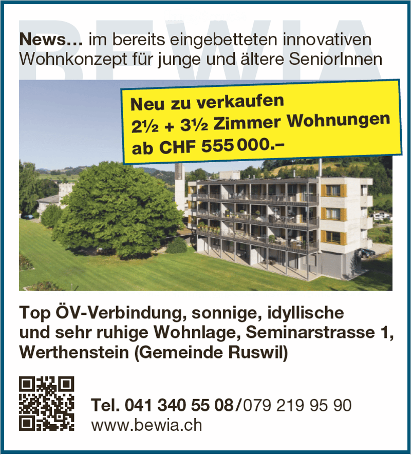 Newly built apartments for sale with 2 1/2 and 3 1/2 rooms starting from CHF 555,000, in an idyllic, sunny, and quiet location