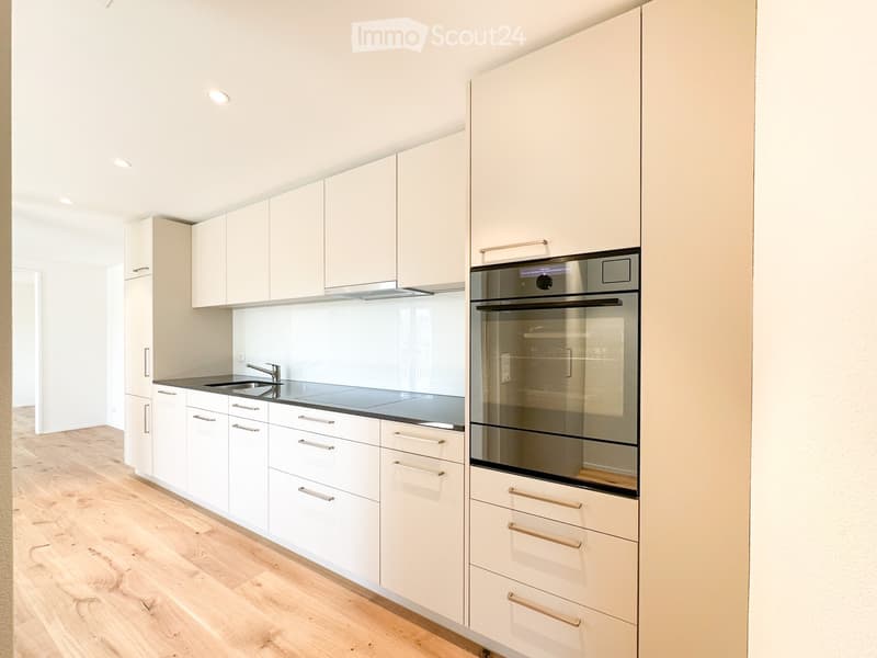 kitchen, white cabinets, wooden floor, modern appliances, glass wall