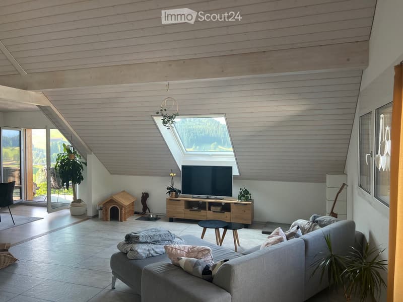 Modern living room with grey sofa, coffee table, TV, guitar, dog house, and large windows offering a scenic view.