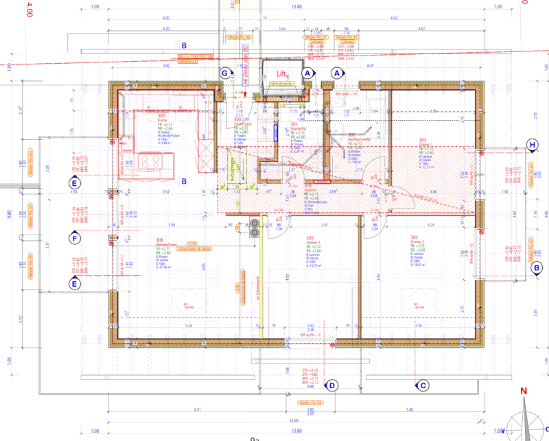 Floor plan of a residential building showing multiple rooms including living room, kitchen, bedrooms, bathrooms, and a staircase leading to another level.