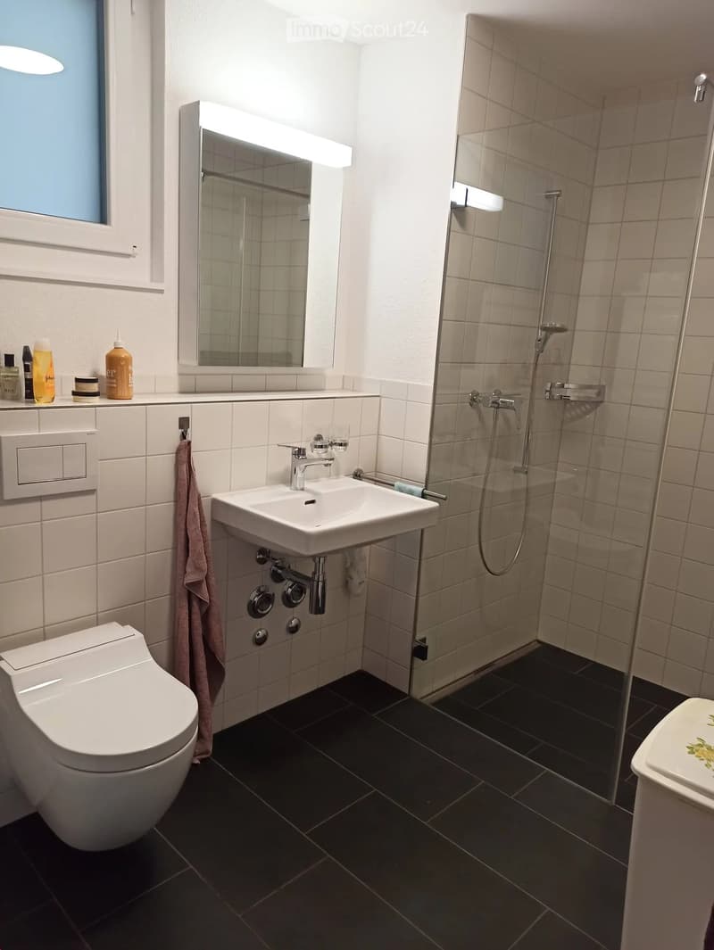 Modern bathroom with white tiles, a toilet, a sink with a mirror, a shower, and a towel hanging on the wall.