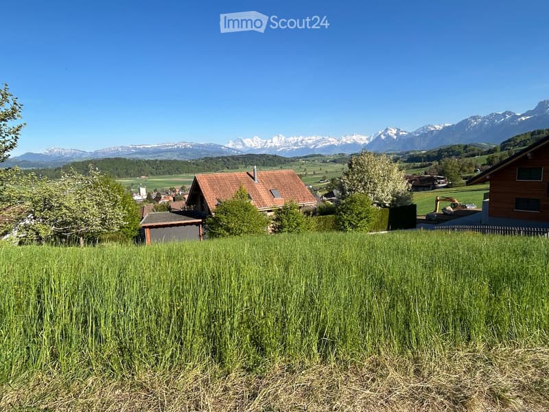 A scenic rural landscape with a grassy field in the foreground, several houses with red-tiled roofs, and a backdrop of snow-capped mountains under a clear blue sky.