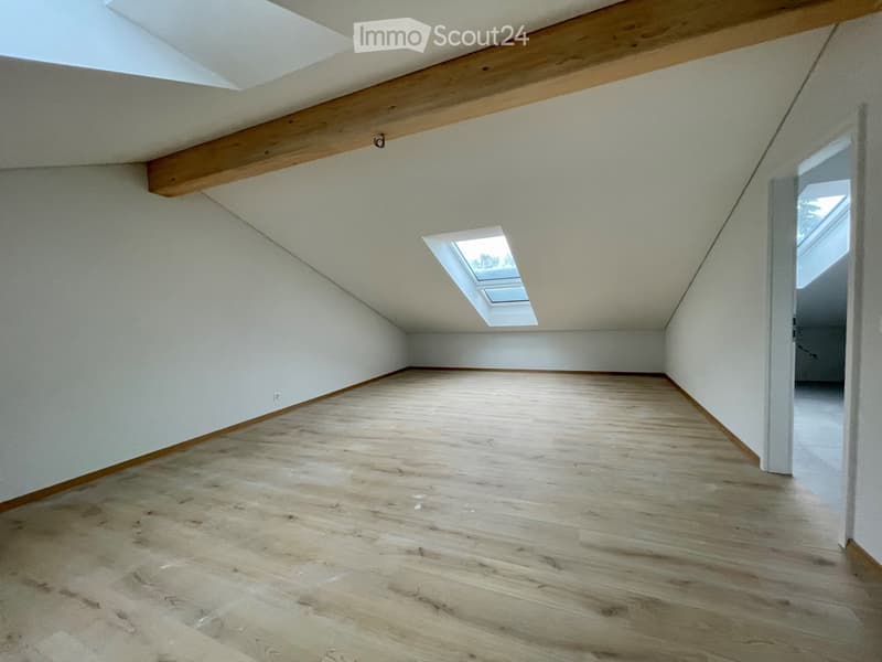 Empty attic room with wooden flooring, white walls, and skylight windows allowing natural light.