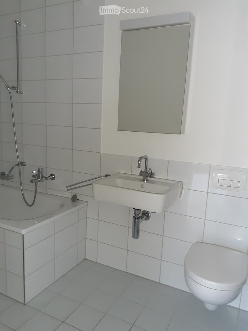 Modern bathroom with white tiles, a bathtub, a sink with a chrome faucet, a toilet, and a large mirror above the sink.