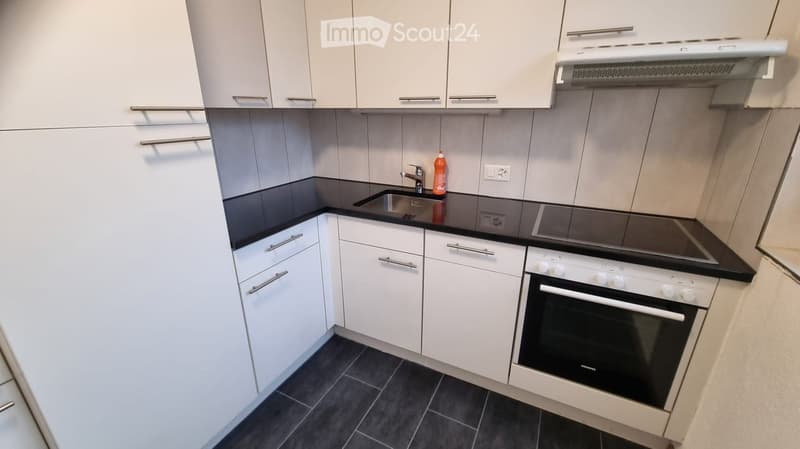 Modern kitchen with white cabinets, black countertops, stainless steel sink, white appliances, and an exhaust hood.