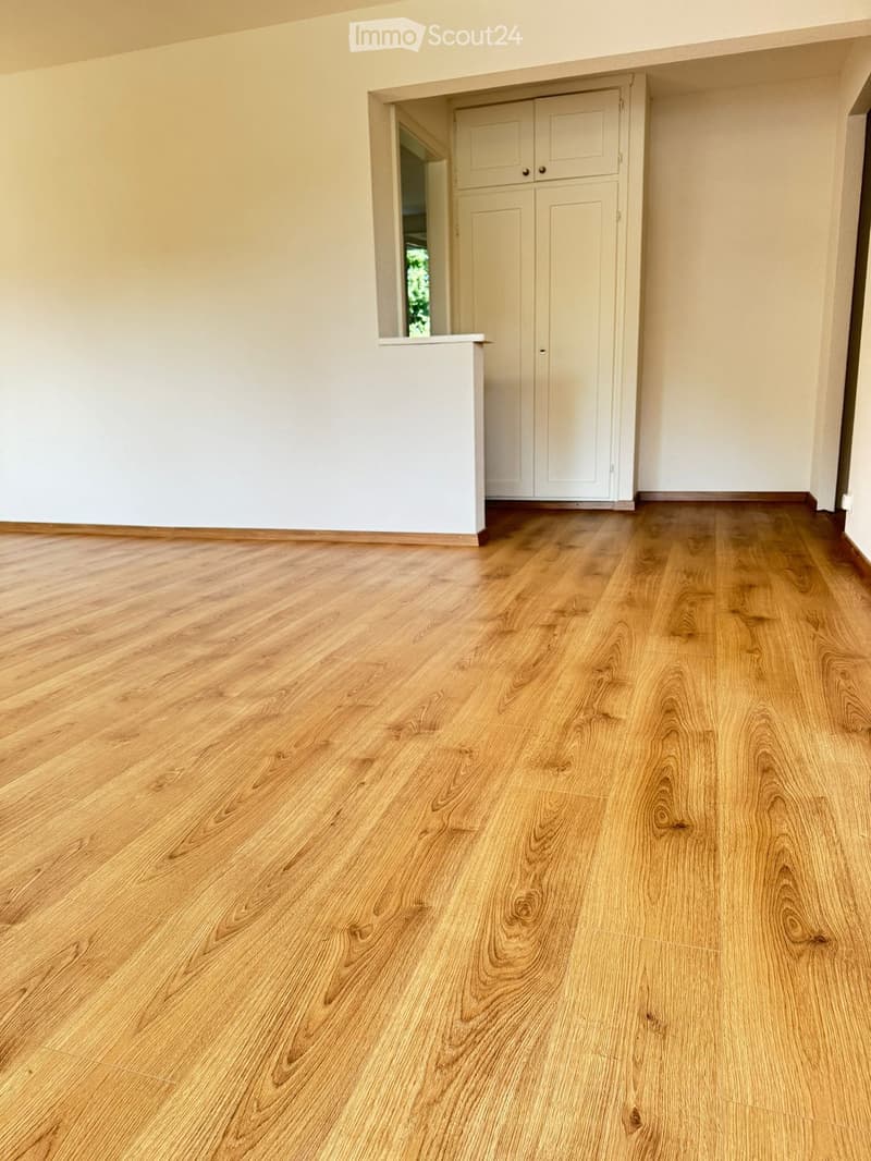 Empty room with wooden flooring, white walls, and white wardrobe
