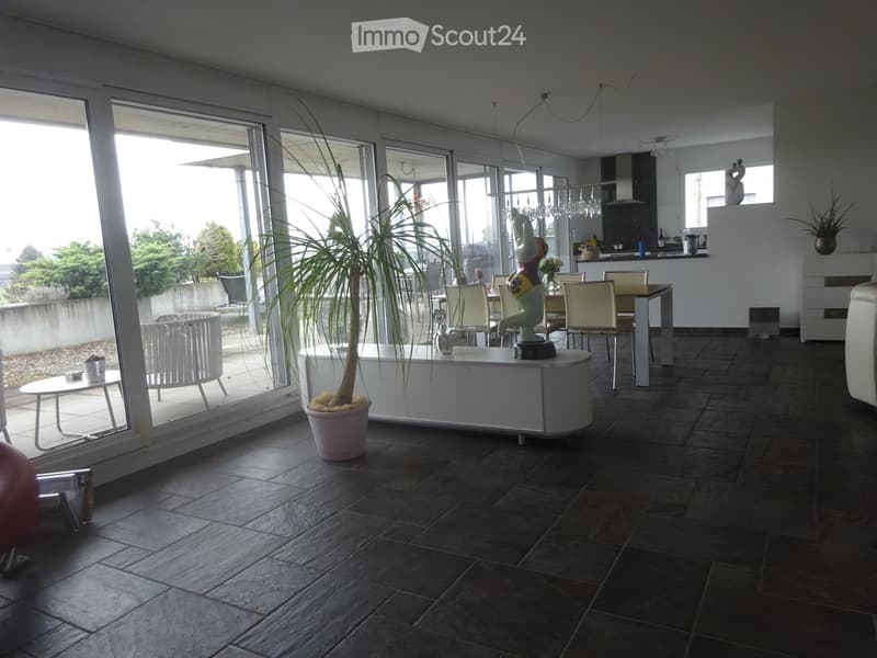Open-plan living and dining area with large windows, dark tiled floor, white furniture, and a potted plant in the center.