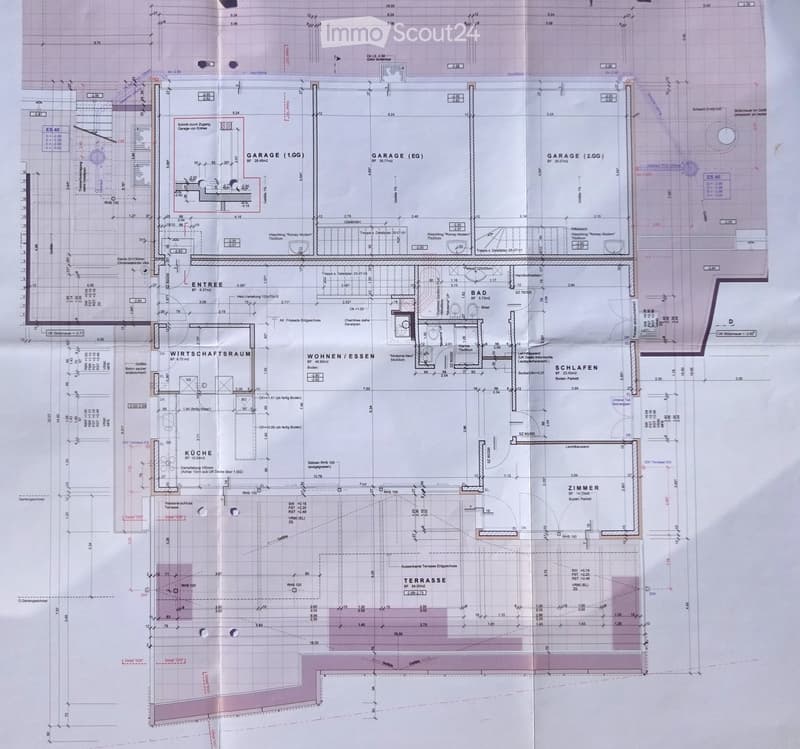 Floor plan showing multiple levels including garage, entrance, kitchen, living/dining area, bedrooms, bathroom, and terrace.