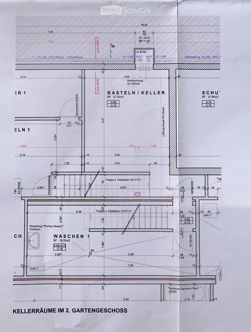 Floor plan of basement and garden level showing rooms labeled Waschen1, Basteln / Keller, and Schuße, with dimensions, staircases, and technical details.