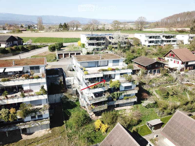 Aerial view of a residential area with multiple modern houses, balconies, and surrounding greenery.