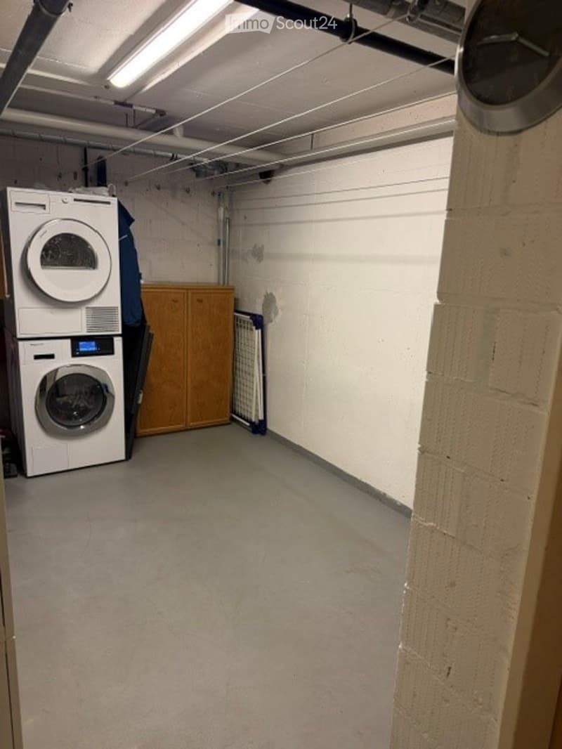 Utility room with a washing machine, dryer, and wooden cabinet. Exposed pipes and a clock on the wall.