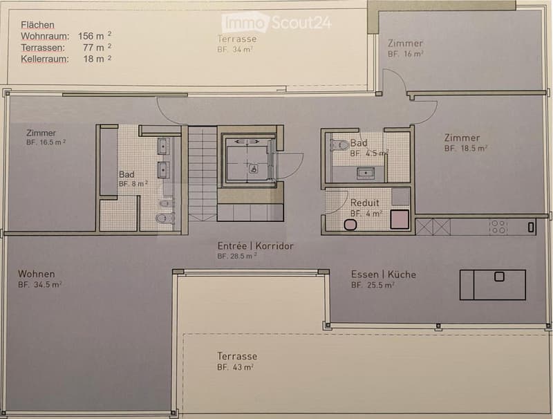 Floor plan showing a living area, kitchen,3 bedrooms, 2 bathrooms, hallway, and two terraces.