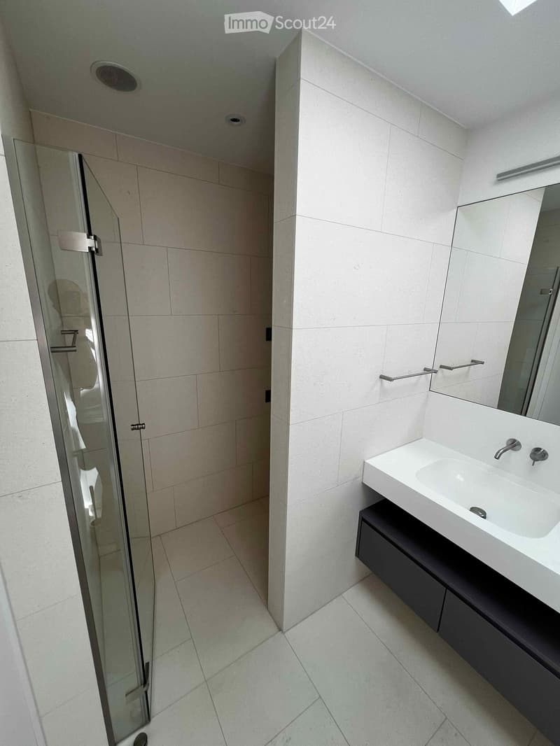 Modern bathroom with a white sink, faucet, mirror, and dark cabinet. Features a glass shower enclosure with a tiled wall.